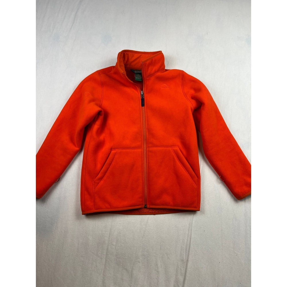 LL Bean Kids Orange Full Zip Fleece Jacket Mock Neck Reflective Size M 10-12